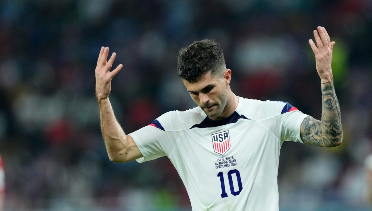 Christian Pulisic Right Winger of USA and Chelsea FC gestures during the FIFA World Cup Qatar 2022 Group B match between USA and Wales at Ahmad Bin Ali Stadium on November 21, 2022 in Doha, Qatar. (Photo by Jose Breton/Pics Action/NurPhoto via Getty Images)