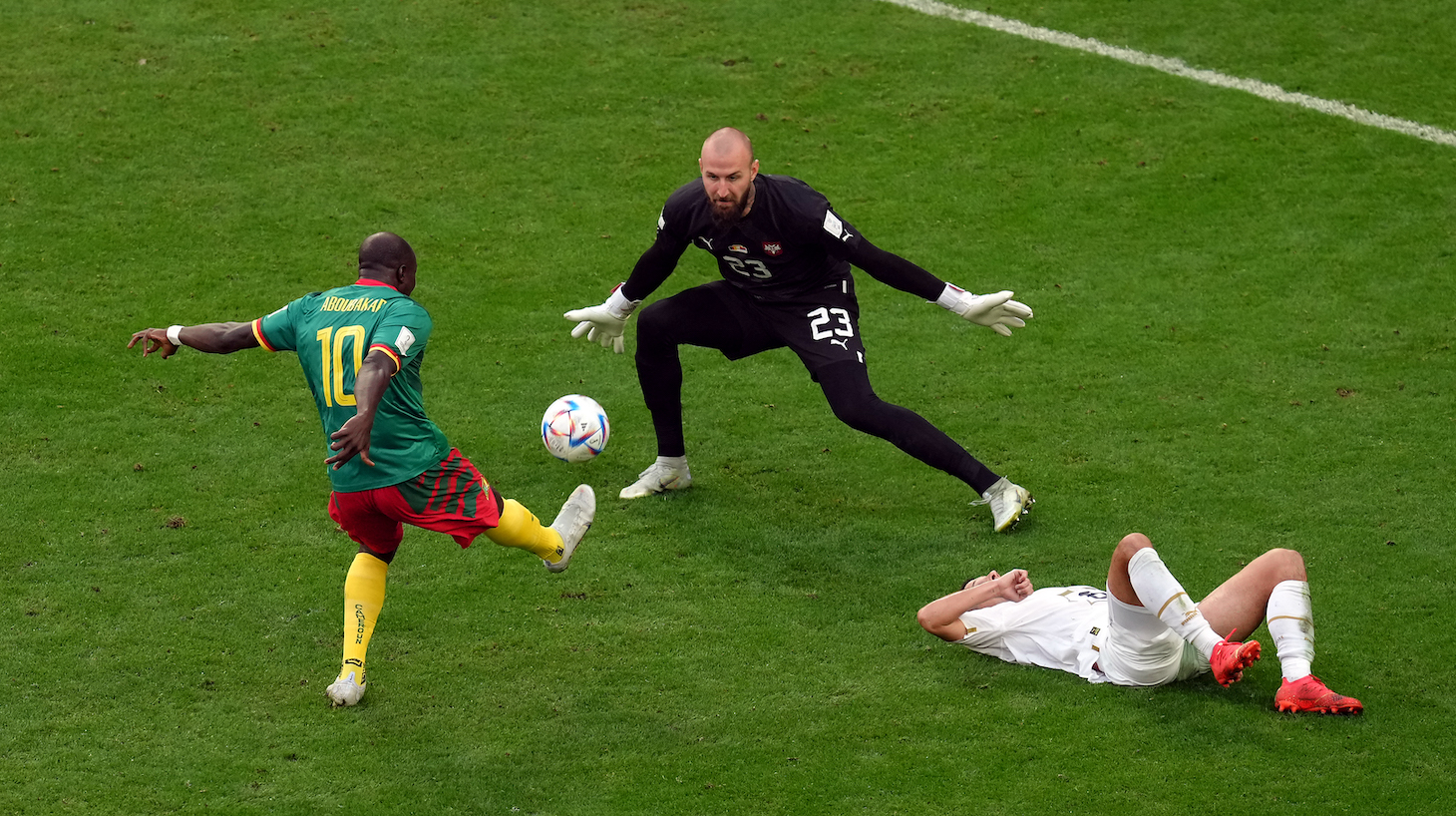 Cameroon's Vincent Aboubakar scores their side's second goal of the game during the FIFA World Cup Group G match at the Al Janoub Stadium in Al Wakrah, Qatar.