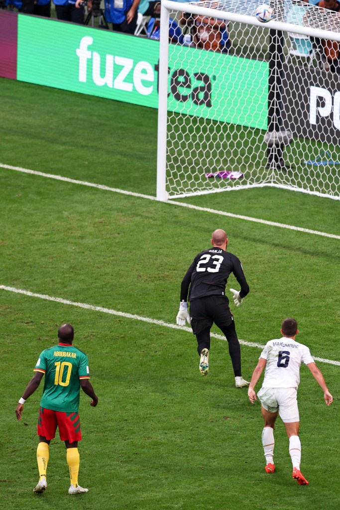 Vincent Aboubakar of Cameroon scores a goal to make it 2-3 during the FIFA World Cup Qatar 2022 Group G match between Cameroon and Serbia at Al Janoub Stadium on November 28, 2022 in Al Wakrah, Qatar.