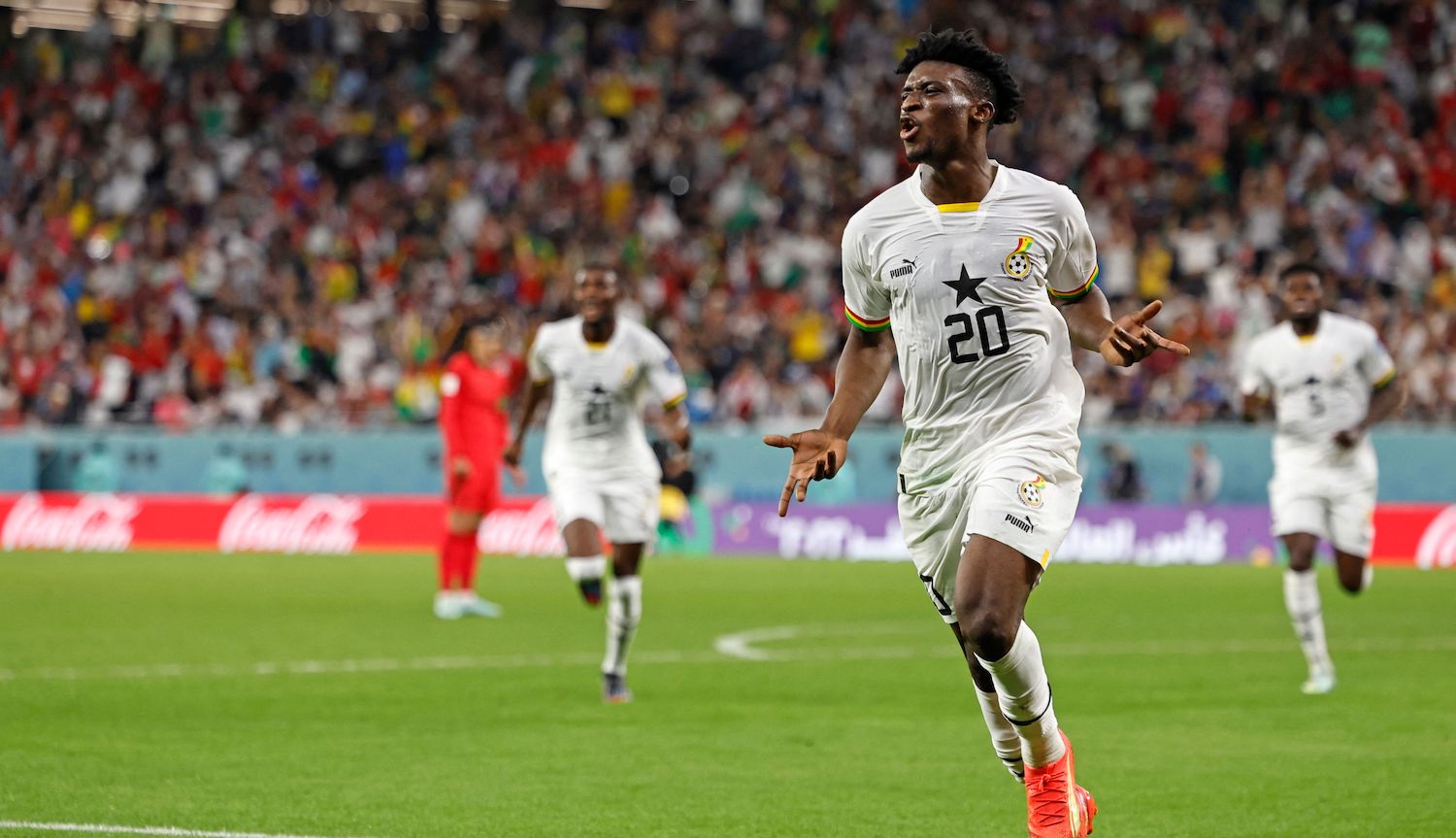 Ghana's midfielder #20 Mohammed Kudus celebrates scoring his team's third goal during the Qatar 2022 World Cup Group H football match between South Korea and Ghana at the Education City Stadium in Al-Rayyan, west of Doha, on November 28, 2022. (Photo by Khaled DESOUKI / AFP) (Photo by KHALED DESOUKI/AFP via Getty Images)
