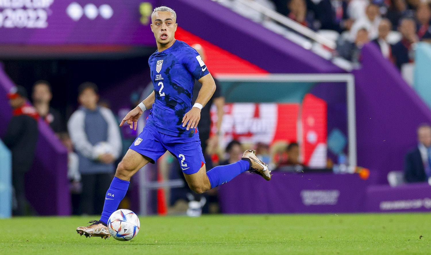 DOHA, QATAR - NOVEMBER 29: Sergino Dest of USA controls the ball during the FIFA World Cup Qatar 2022 Group B match between IR Iran and USA at Al Thumama Stadium on November 29, 2022 in Doha, Qatar. (Photo by Matteo Ciambelli/DeFodi Images via Getty Images)