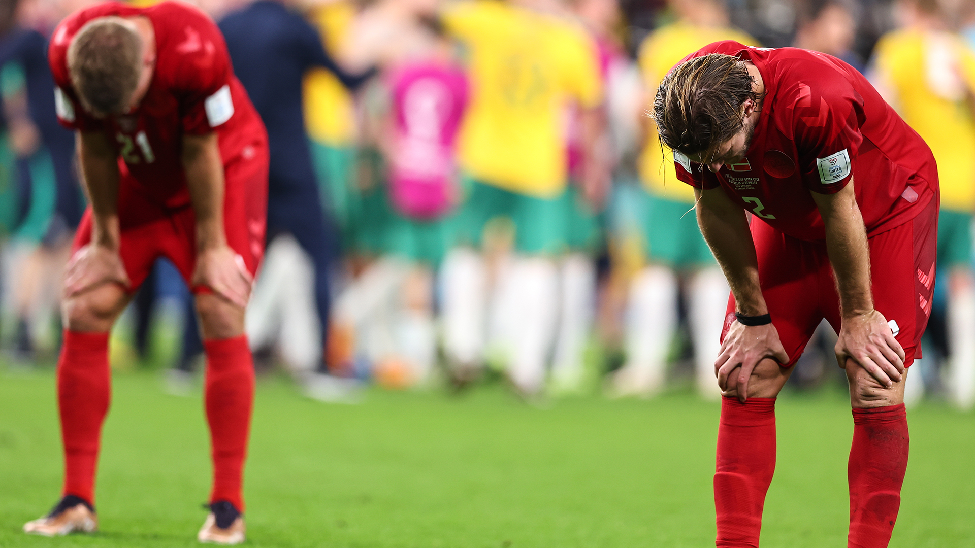 A dejected Joachim Andersen of Denmark at full time after being knocked out the FIFA World Cup in the group stages during the FIFA World Cup Qatar 2022 Group D match between Australia and Denmark at Al Janoub Stadium on November 30, 2022 in Al Wakrah, Qatar