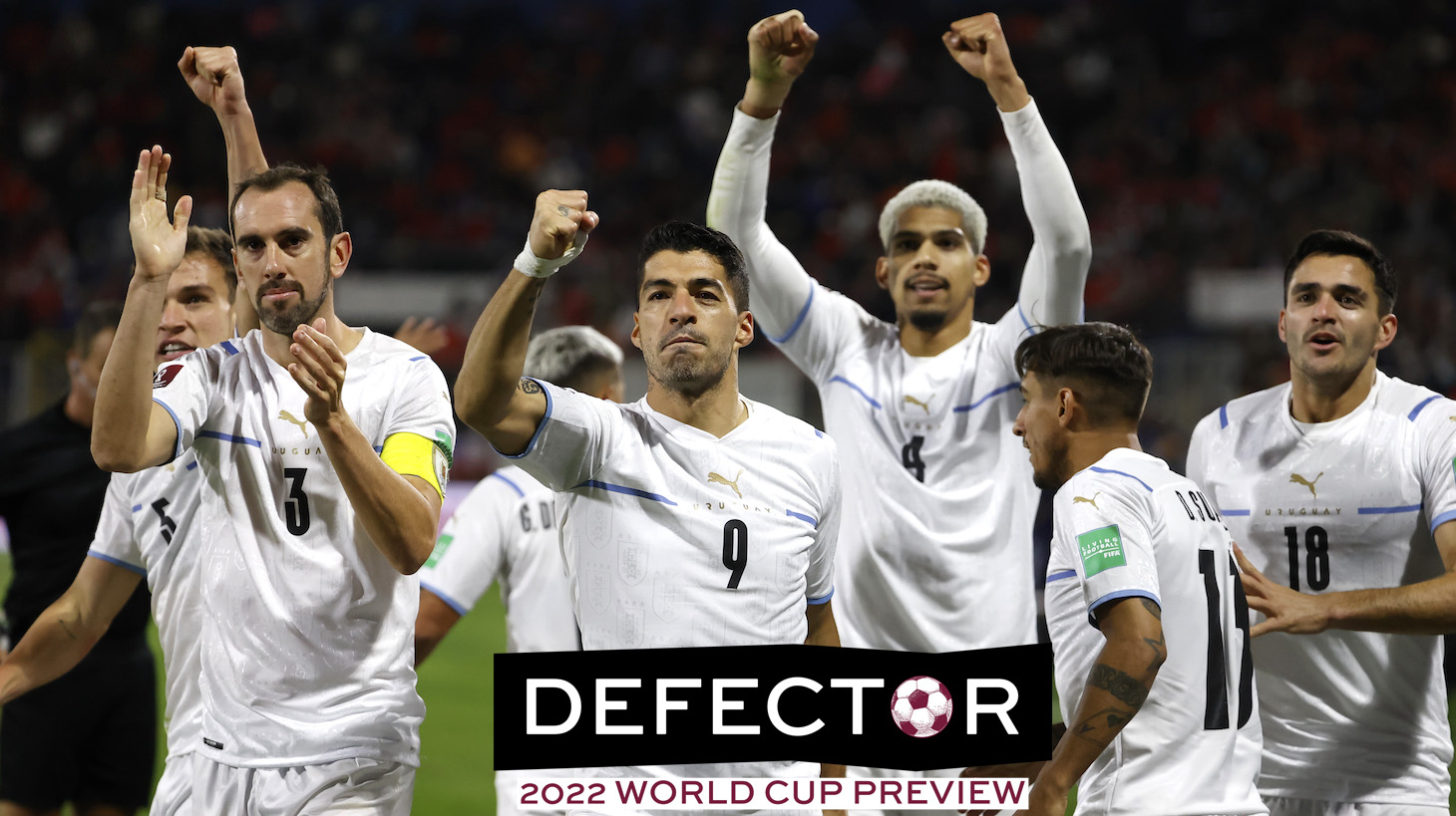 Luis Suarez of Uruguay celebrates with teammates after scoring the first goal of his team during the FIFA World Cup Qatar 2022 qualification match between Chile and Uruguay ay Estadio San Carlos de Apoquindo on March 29, 2022 in Santiago, Chile.