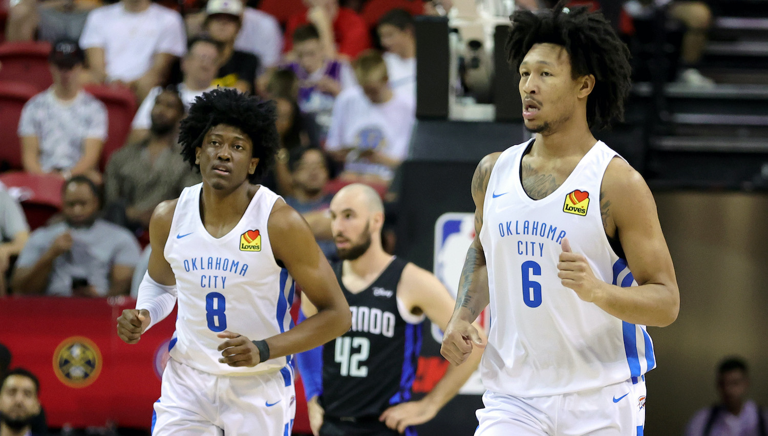 LAS VEGAS, NEVADA - JULY 11: Jalen Williams #8 and Jaylin Williams #6 of the Oklahoma City Thunder run up the court during a game against the Orlando Magic during the 2022 NBA Summer League at the Thomas &amp; Mack Center on July 11, 2022 in Las Vegas, Nevada. NOTE TO USER: User expressly acknowledges and agrees that, by downloading and or using this photograph, User is consenting to the terms and conditions of the Getty Images License Agreement. (Photo by Ethan Miller/Getty Images)
