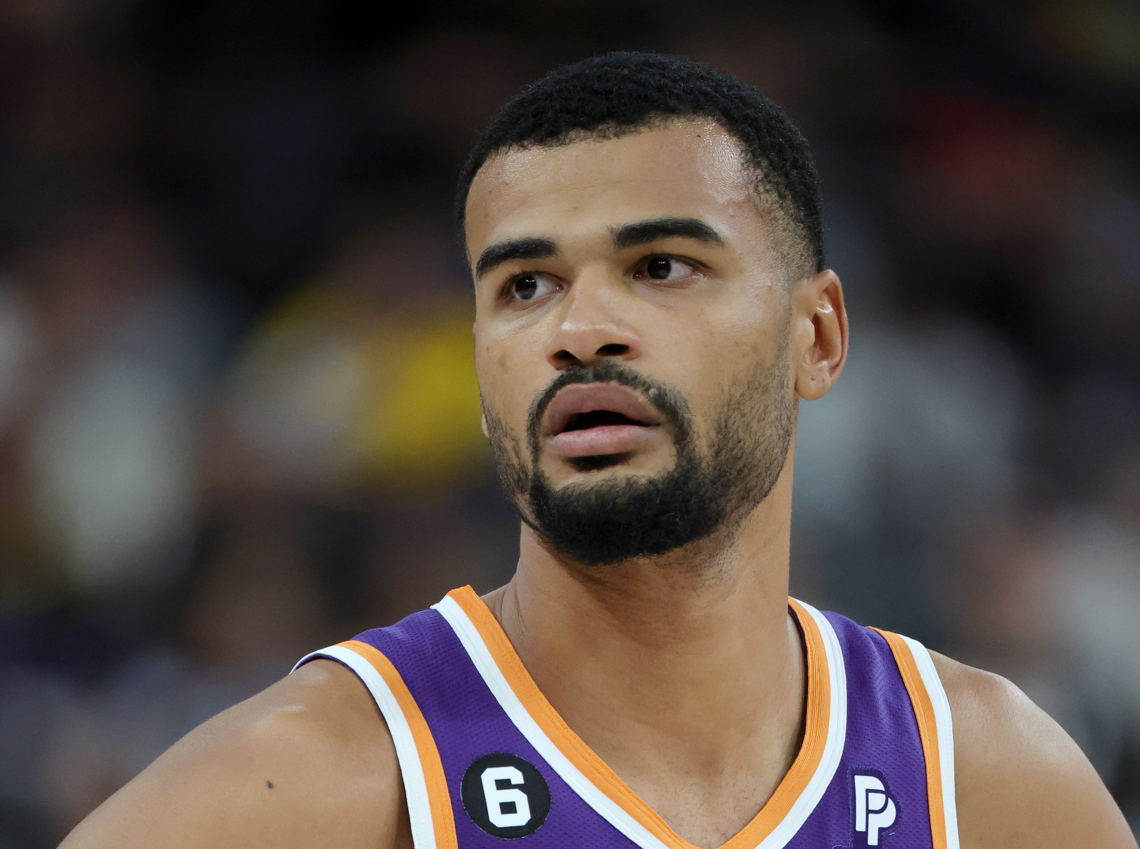 Timothe Luwawu-Cabarrot #8 of the Phoenix Suns stands on the court during a break in the third quarter of a preseason game against the Los Angeles Lakers at T-Mobile Arena on October 05, 2022 in Las Vegas, Nevada. The Suns defeated the Lakers 119-115.