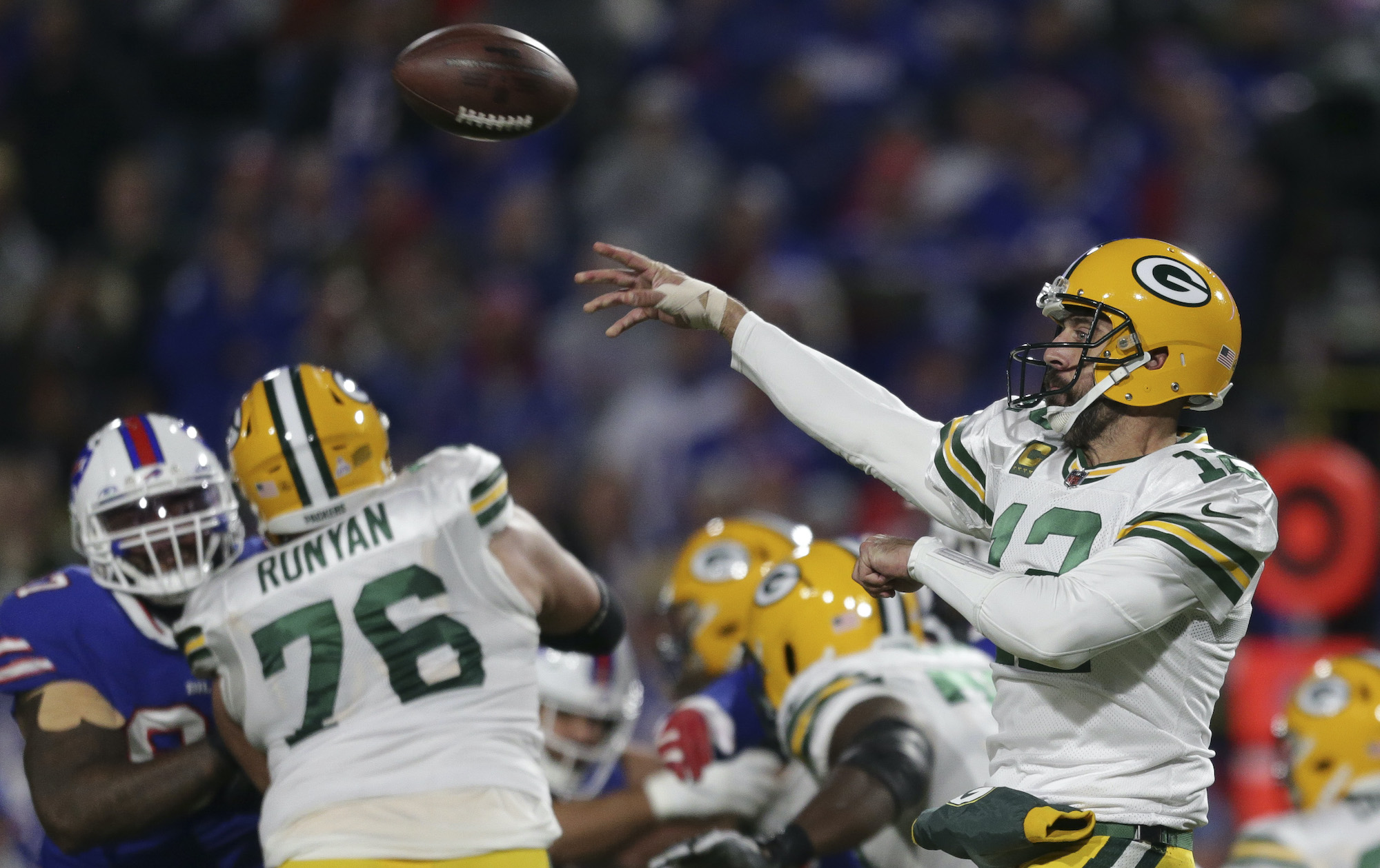 Aaron Rodgers #12 of the Green Bay Packers throws a pass during the fourth quarter against the Buffalo Bills at Highmark Stadium on October 30, 2022 in Orchard Park, New York.