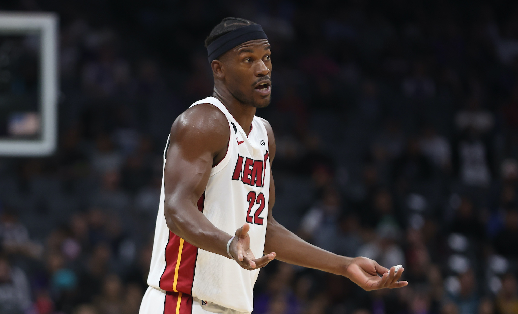 Jimmy Butler #22 of the Miami Heat looks on in the fourth quarter against the Sacramento Kings at Golden 1 Center on October 29, 2022 in Sacramento, California.