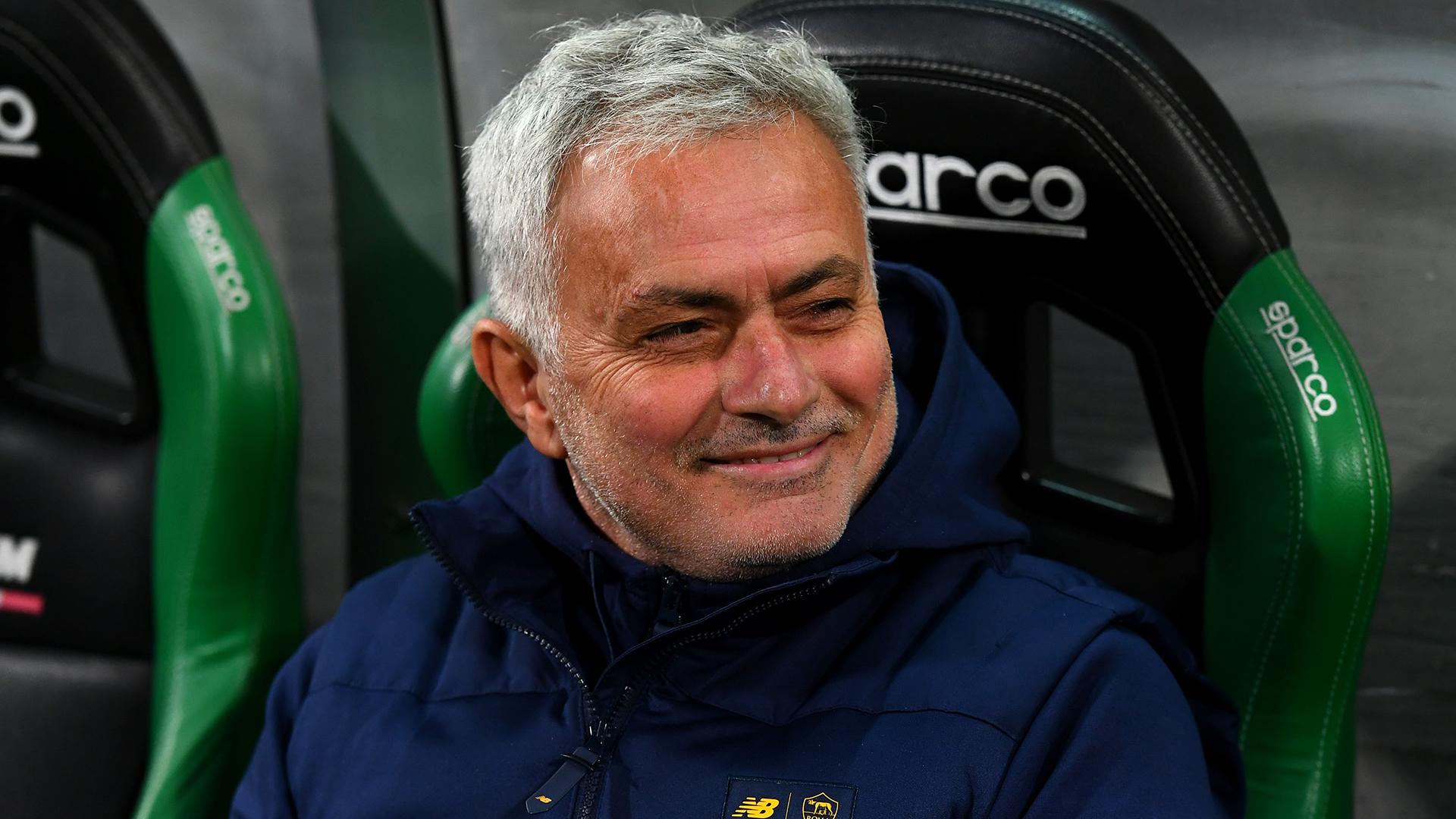 Jose Mourinho, Head Coach of AS Roma looks on prior to the Serie A match between US Sassuolo and AS Roma at Mapei Stadium - Citta' del Tricolore on November 09, 2022 in Reggio nell'Emilia, Italy.