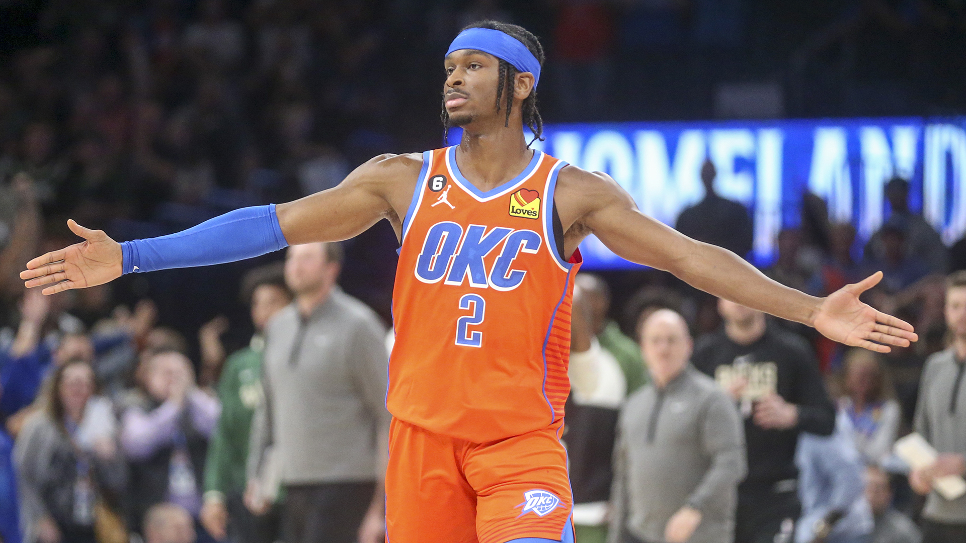 Shai Gilgeous-Alexander #2 of the Oklahoma City Thunder celebrates a late basket in the fourth quarter at Paycom Center on November 09, 2022 in Oklahoma City, Oklahoma.