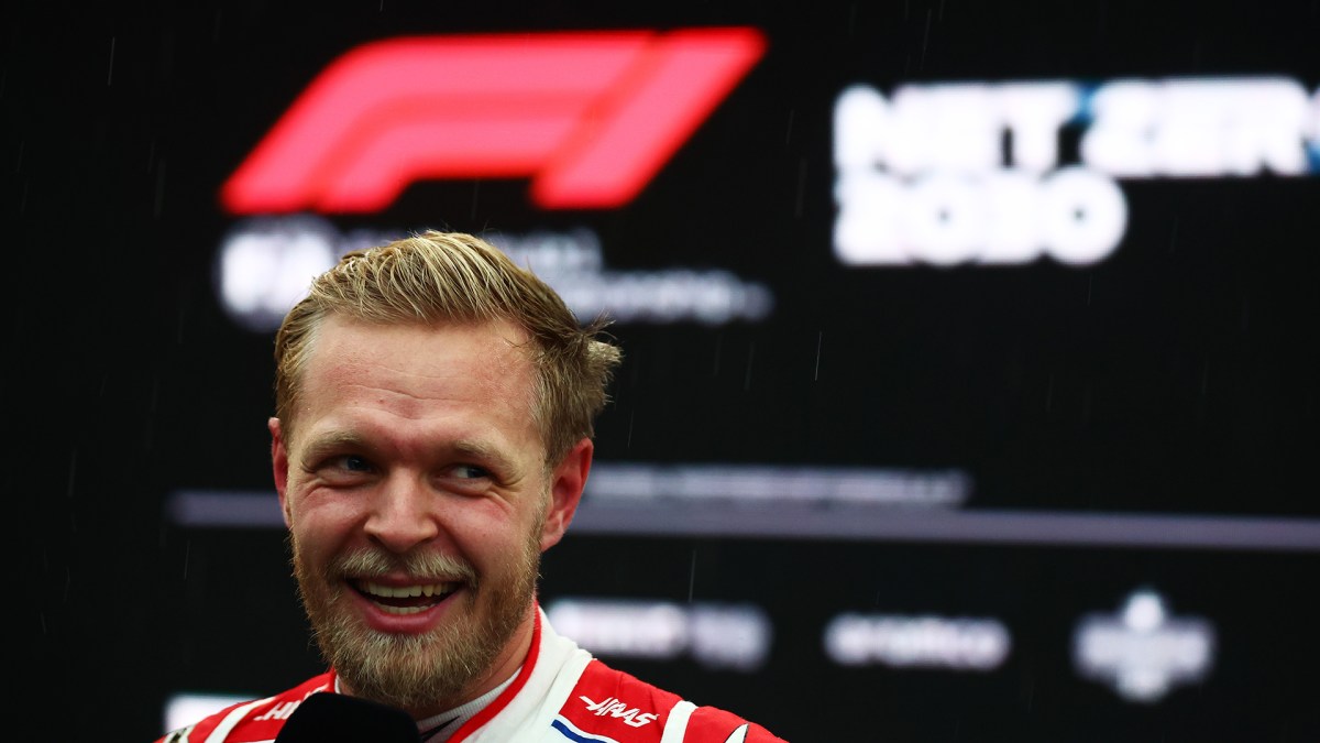 Pole position qualifier Kevin Magnussen of Denmark and Haas F1 talks to the media in parc ferme after qualifying ahead of the F1 Grand Prix of Brazil at Autodromo Jose Carlos Pace on November 11, 2022 in Sao Paulo, Brazil.
