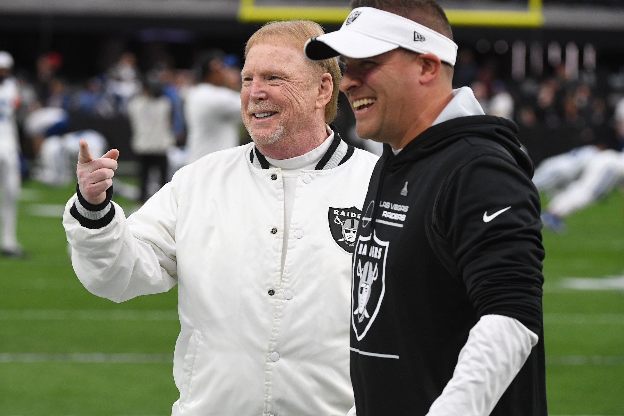 LAS VEGAS, NEVADA - NOVEMBER 13: Las Vegas Owner Mark Davis speaks with Head coach Josh McDaniels prior to the game against the Indianapolis Colts at Allegiant Stadium on November 13, 2022 in Las Vegas, Nevada. (Photo by Sam Morris/Getty Images)