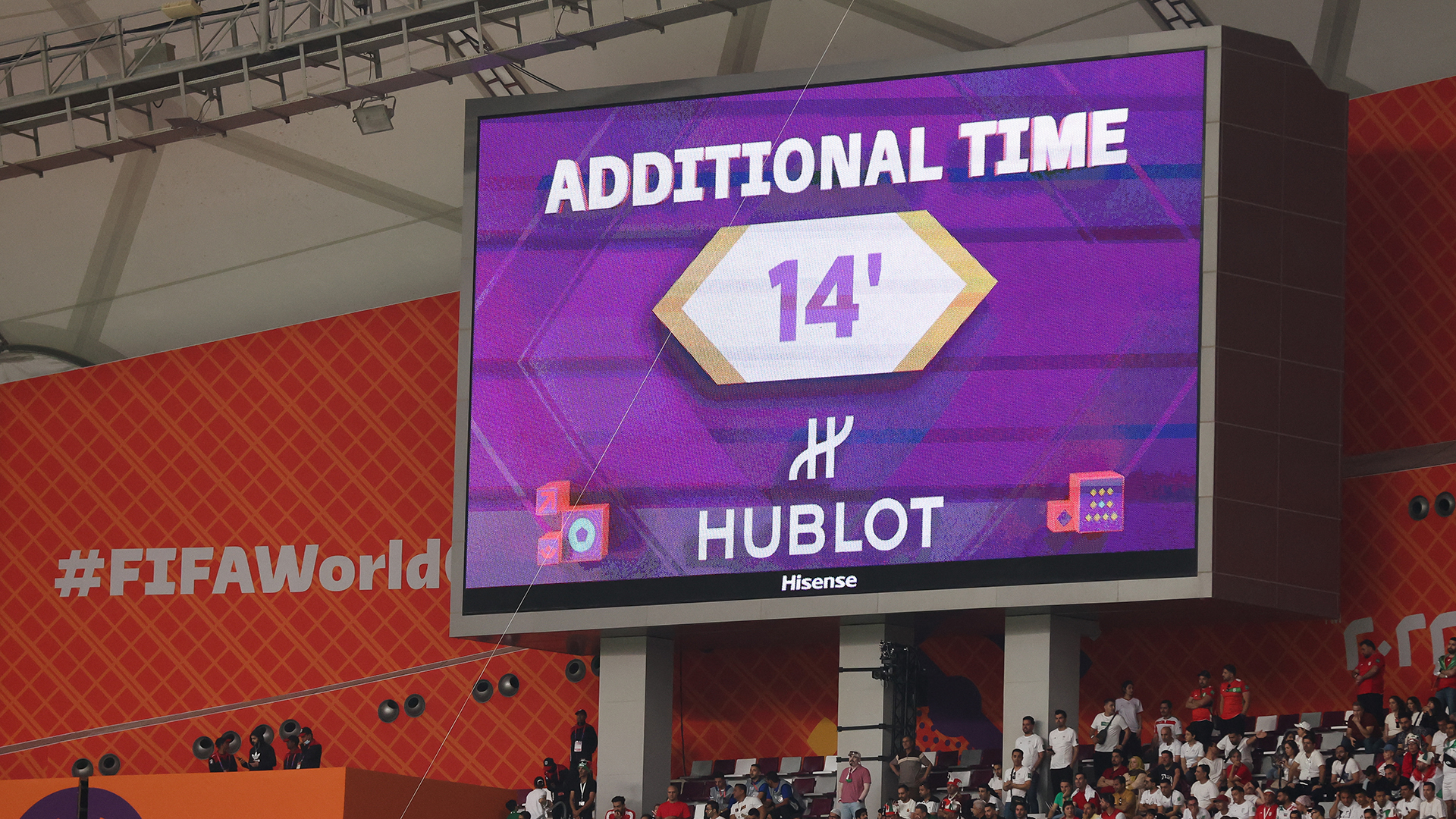 A board signifying 14 minutes of first half stoppage time is seen during the FIFA World Cup Qatar 2022 Group B match between England and IR Iran at Khalifa International Stadium on November 21, 2022 in Doha, Qatar.