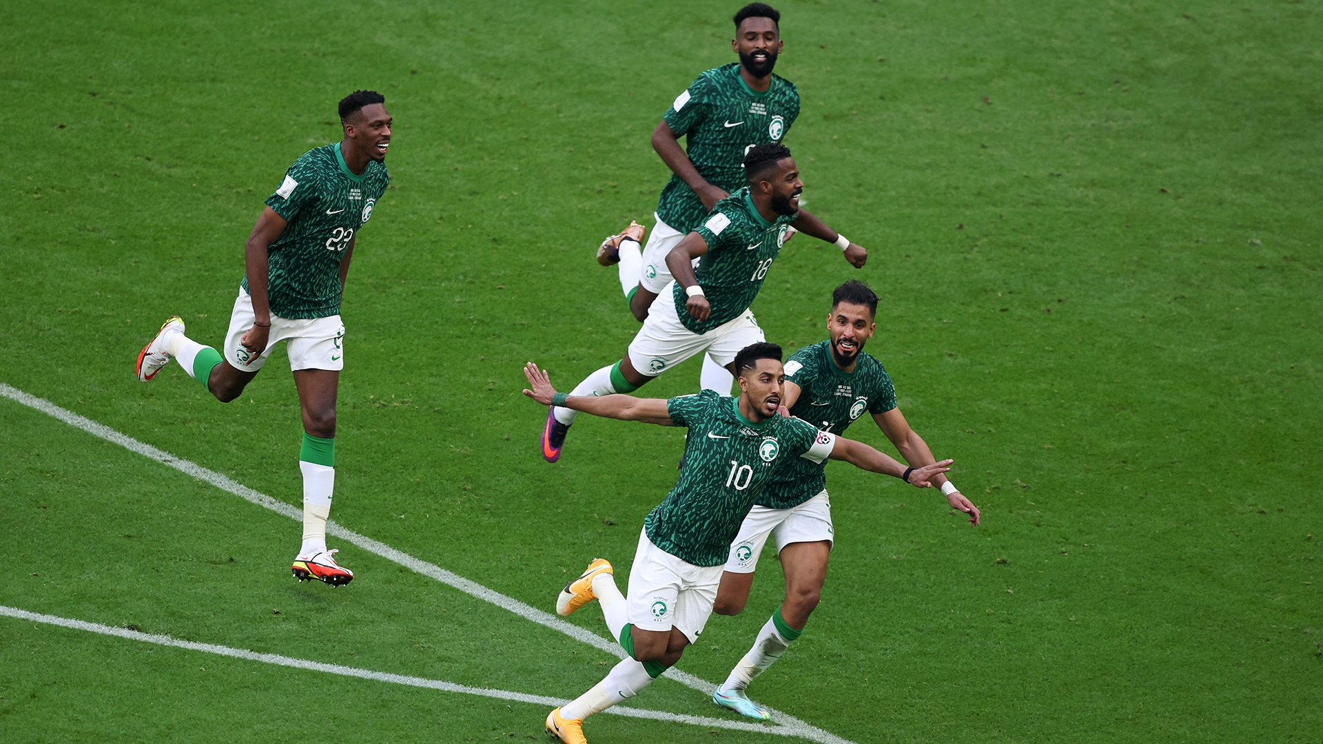 Salem Aldawsari of Saudi Arabia celebrates as he scores the goal during the FIFA World Cup Qatar 2022 Group C match between Argentina and Saudi Arabia at Lusail Stadium on November 22, 2022 in Lusail City, Qatar.