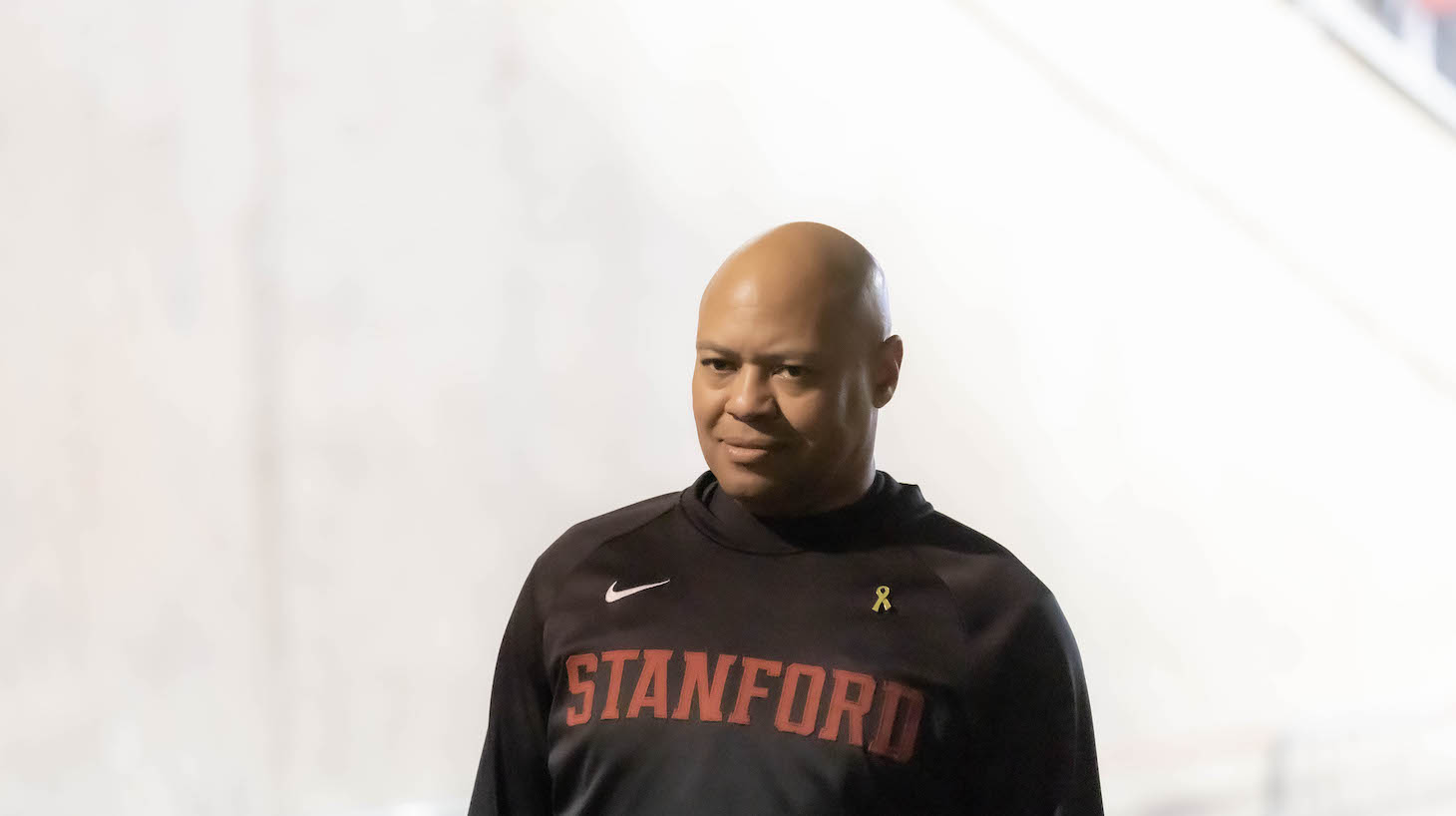 Head Coach David Shaw of the Stanford Cardinal waits to enter the stadium before an NCAA college football game against the BYU Cougars on November 26, 2022 at Stanford Stadium in Palo Alto, California.