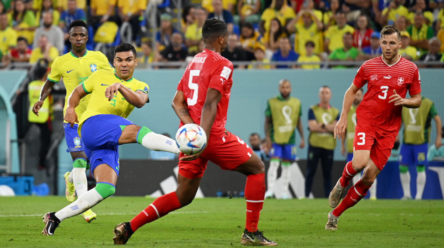 Casemiro of Brazil scores their team's first goal during the FIFA World Cup Qatar 2022 Group G match between Brazil and Switzerland at Stadium 974 on November 28, 2022 in Doha, Qatar.