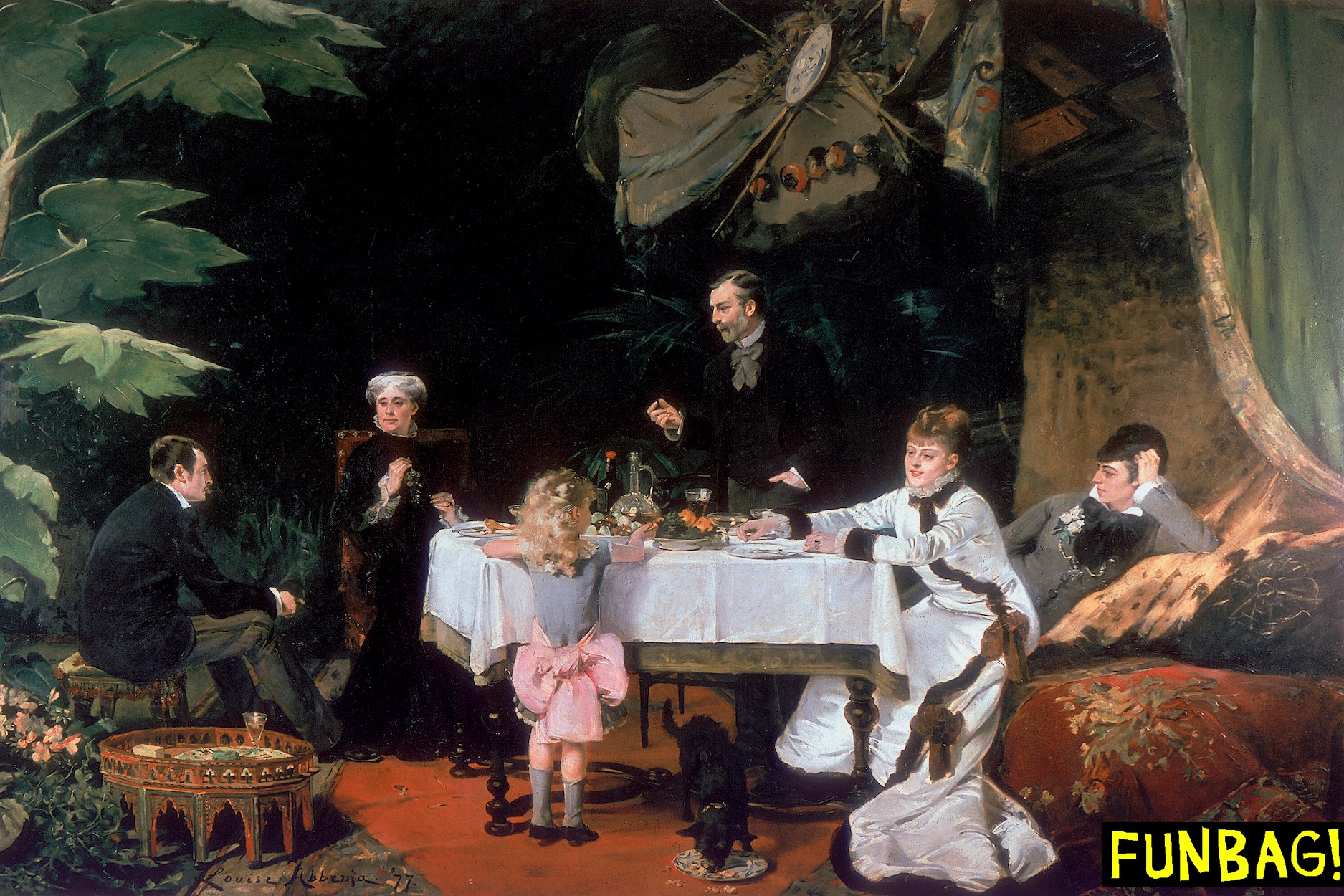 'The Luncheon in the Conservatory', 1877. Three generations of a prosperous family relax and talk at the end of an informal meal in their conservatory where the plants are as flourishing as their owners. From the Musee des Beaux Arts, Pau, France. (Photo by Art Media/Print Collector/Getty Images)