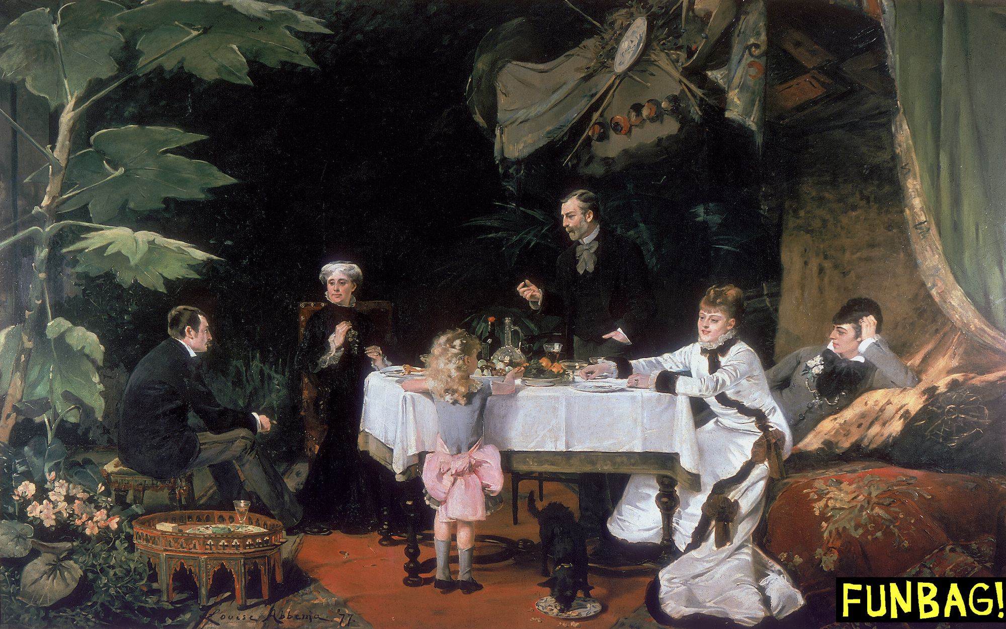 'The Luncheon in the Conservatory', 1877. Three generations of a prosperous family relax and talk at the end of an informal meal in their conservatory where the plants are as flourishing as their owners. From the Musee des Beaux Arts, Pau, France. (Photo by Art Media/Print Collector/Getty Images)