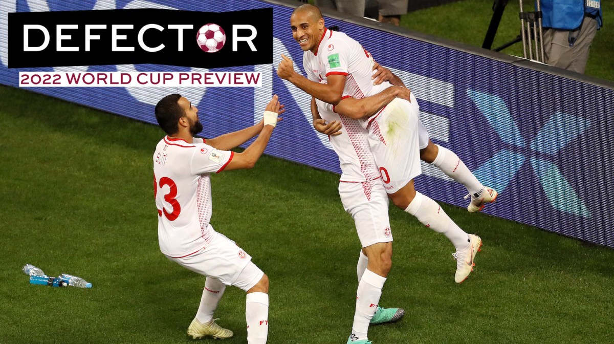 Tunisia players celebrate during the 2018 FIFA World Cup Russia group G match between Panama and Tunisia at Mordovia Arena on June 28, 2018 in Saransk, Russia.