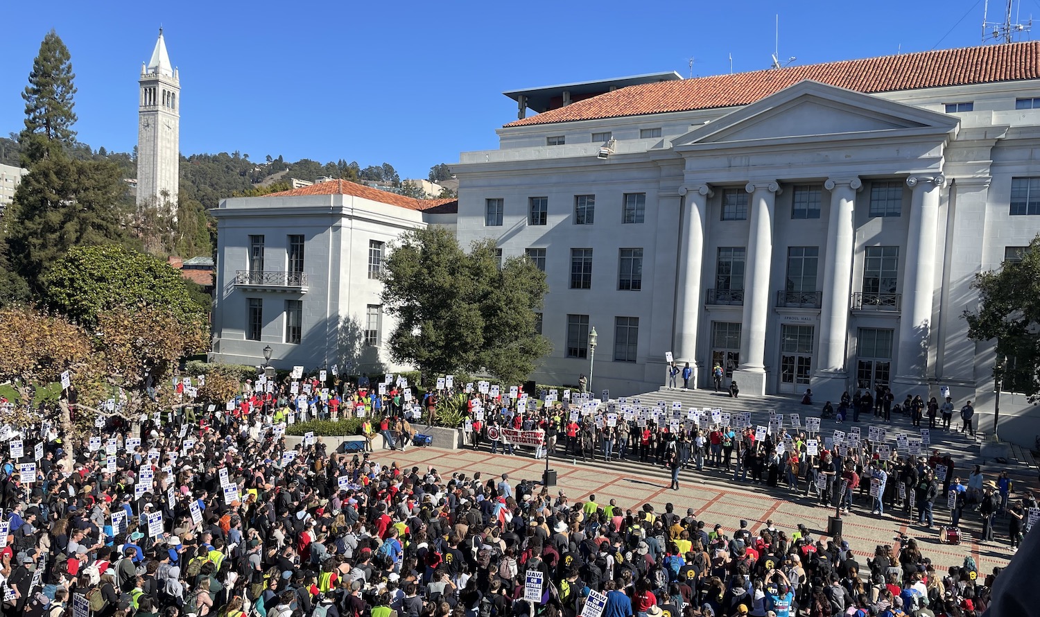 Hundreds of graduate students gather in Sproul Plaza