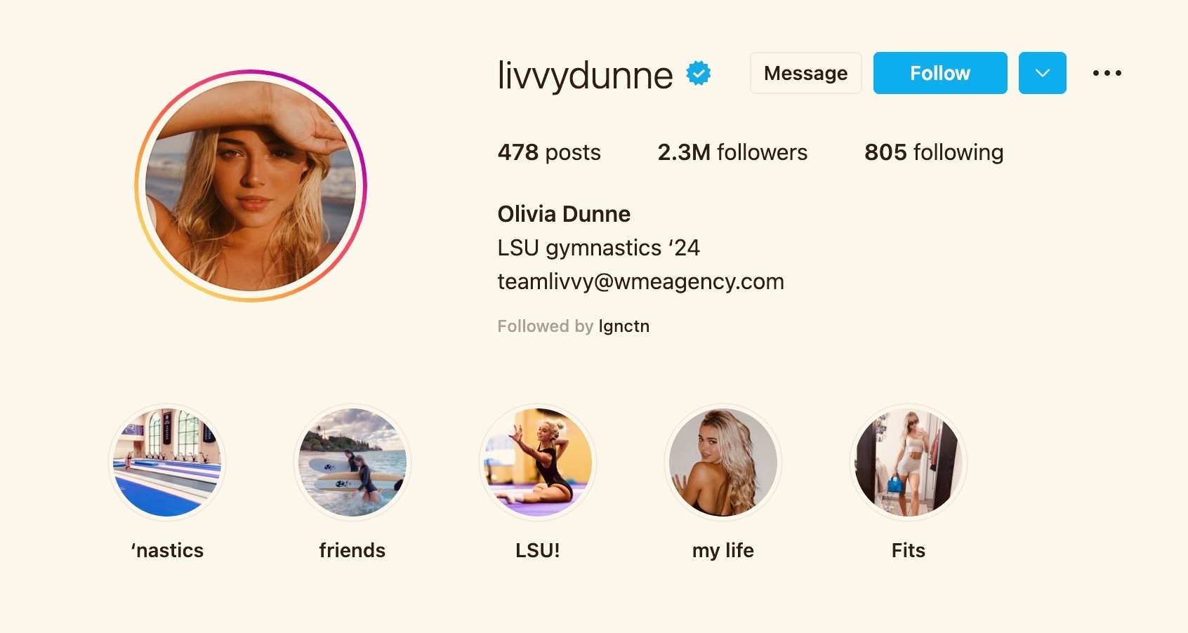 Screenshot of Olivia Dunne's instagram page.