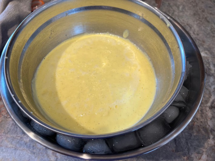 Crème anglaise in an ice bath.