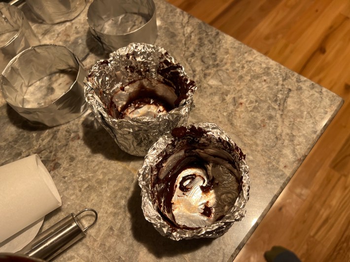 Foil cups with mousse hastily removed.