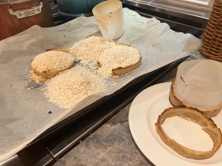 Burned pastries overwhelmed by dry rice.