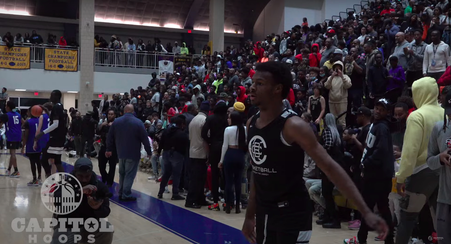 Bronny James warms up at the DMV Showcase.