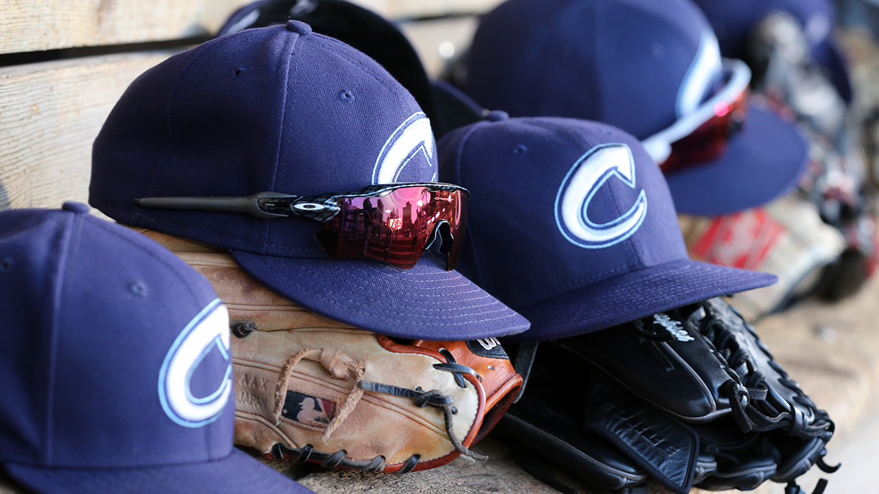 TOLEDO, OH - JULY 01: Columbus Clippers player's ball caps are seen on the dugout bench during a regular season game between the Columbus Clippers and the Toledo Mud Hens on July 1, 2019 at Fifth Third Field in Toledo, Ohio.