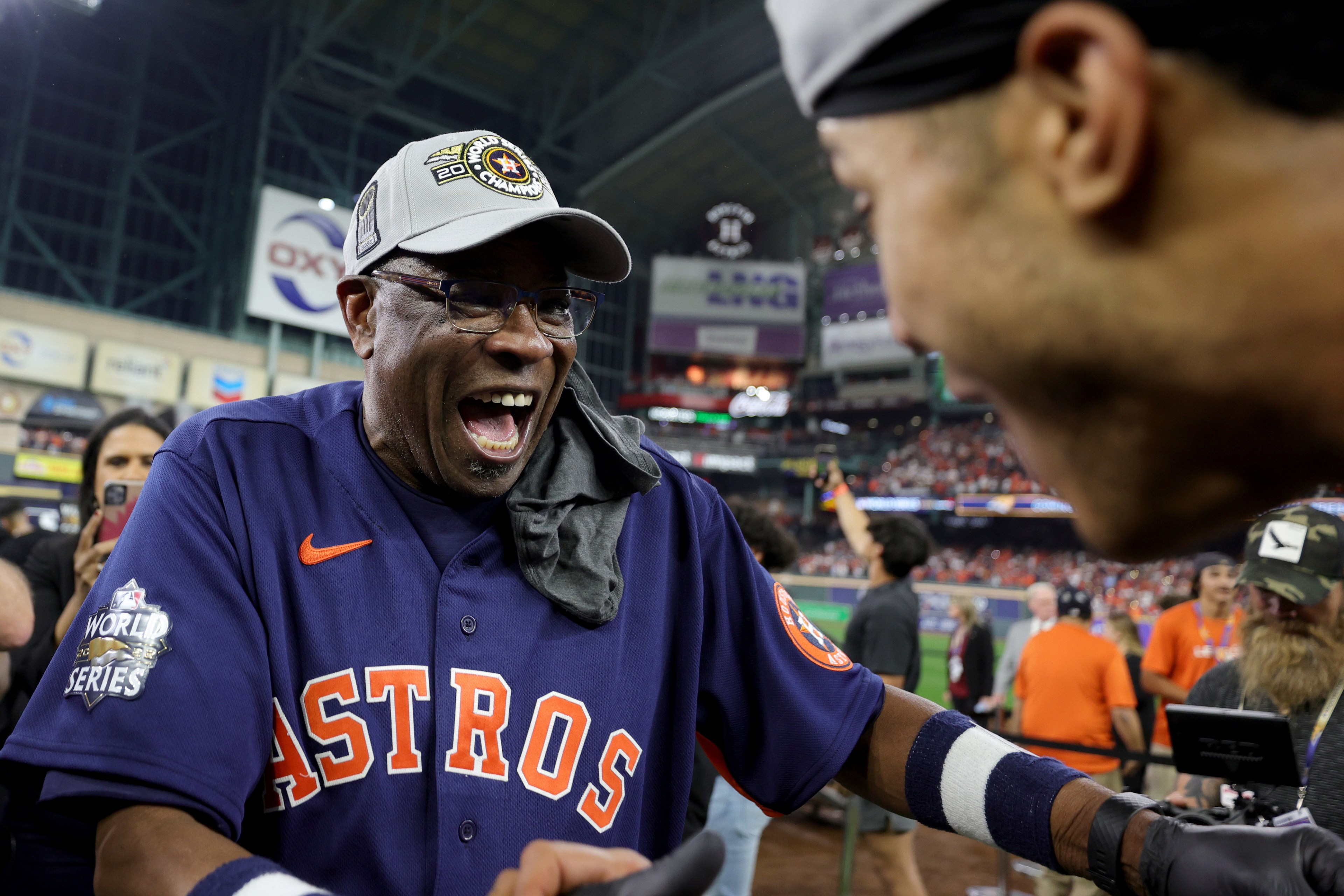 Manager Dusty Baker Jr. of the Houston Astros celebrates after defeating the Philadelphia Phillies 4-1 to win the 2022 World Series in Game Six of the 2022 World Series at Minute Maid Park on November 05, 2022 in Houston, Texas.