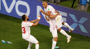 Tunisia players celebrate after scoring a goal against Panama in the 2018 World Cup