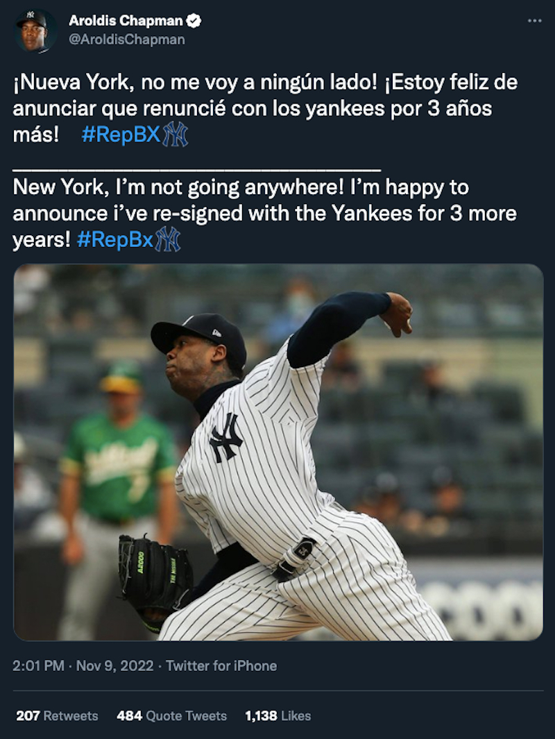 Fake Aroldis Chapman free agency tweet sends Yankees fans into a frenzy