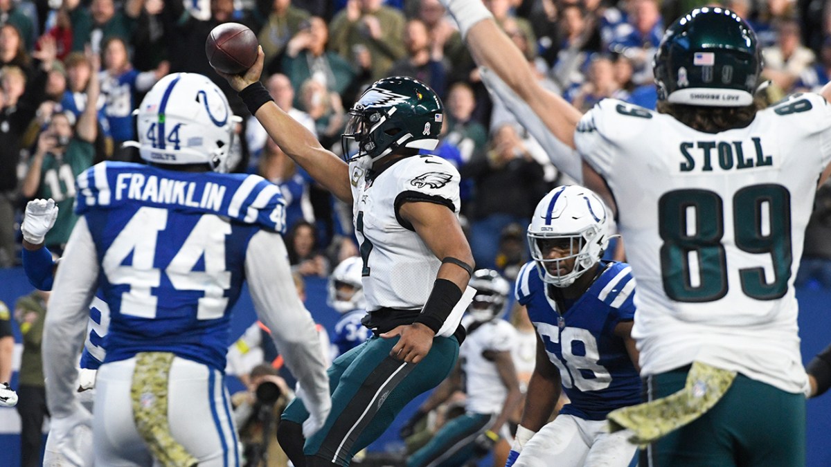 INDIANAPOLIS, IN - NOVEMBER 20: Philadelphia Eagles Quarterback Jalen Hurts (1) reacts as he steps into the end zone for the game tying touchdown during the NFL football game between the Philadelphia Eagles and the Indianapolis Colts on November 20, 2022, at Lucas Oil Stadium in Indianapolis, Indiana.
