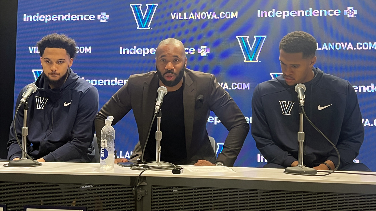 Caleb Daniels, Kyle Neptune, Eric Dixon at a press conference