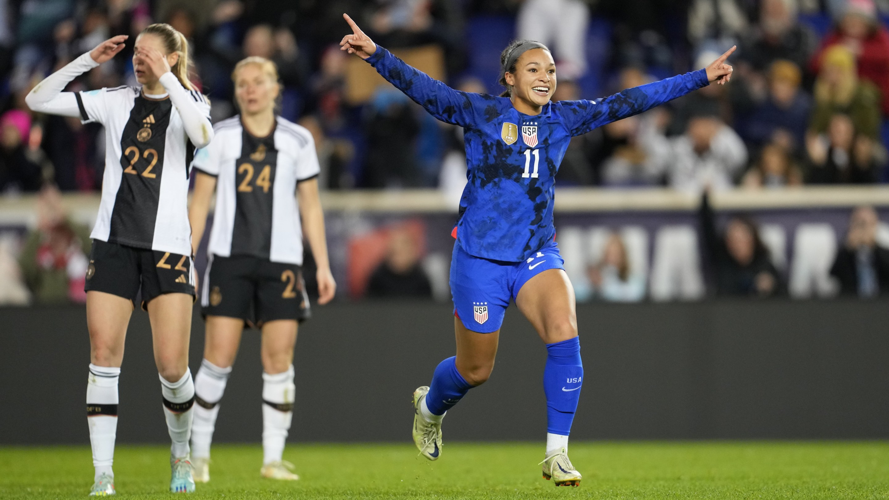Sophia Smith #11 of the United States scores a goal and celebrates during a game between Germany and USWNT at Red Bull Arena on November 13, 2022 in Harrison, New Jersey.