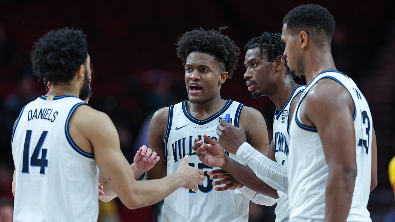 PORTLAND, OR - NOVEMBER 24: Members of the Villanova Wildcats are seen during the game against the Iowa State Cyclones at Moda Center on November 24, 2022 in Portland, Oregon.
