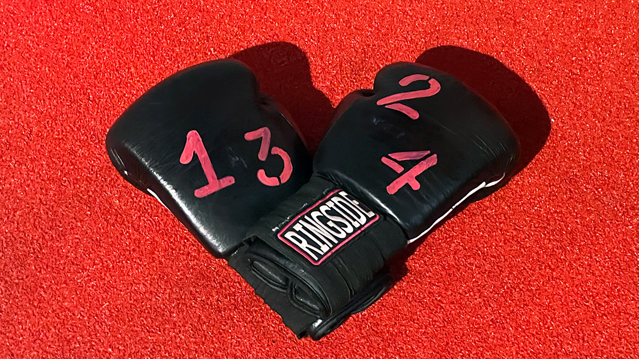 Two boxing gloves on a red floor background, with deep shadows. The gloves are black, and laid at the wrists atop each other. The left glove has 1-2 on it. The right glove has 2-4 on it. This is painted on with stencils in red ink.