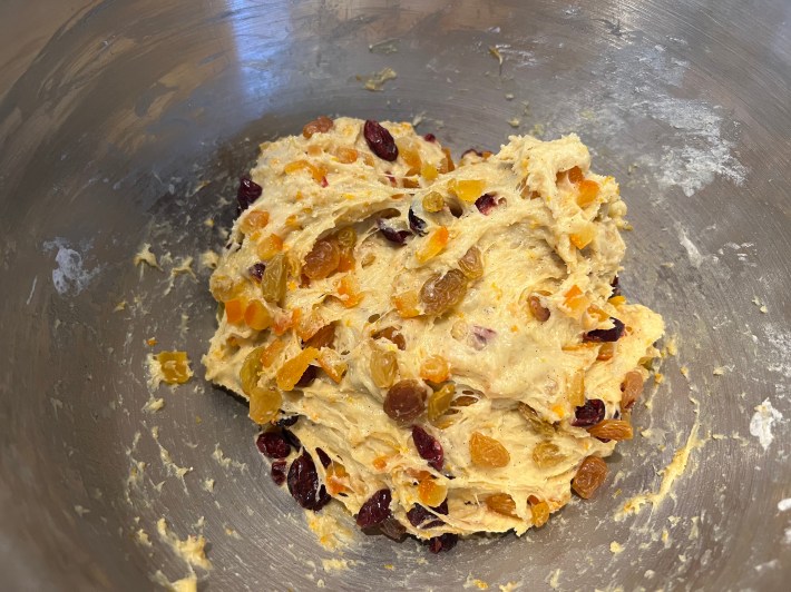 Dough mixed with dried fruit.