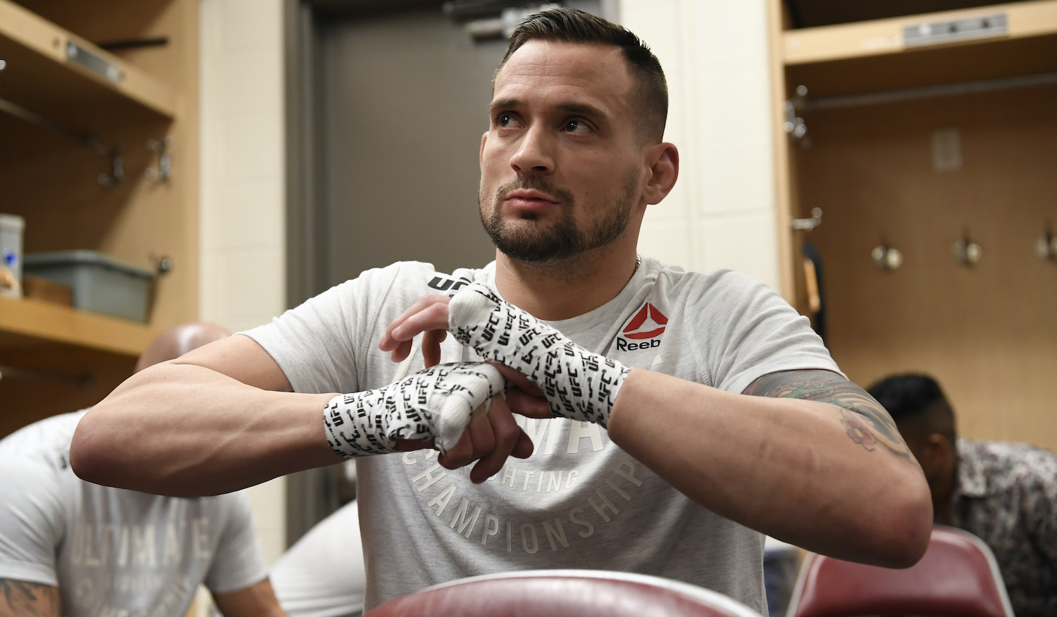 Krause gets his hands wrapped. (Photo by Mike Roach/Zuffa LLC via Getty Images)