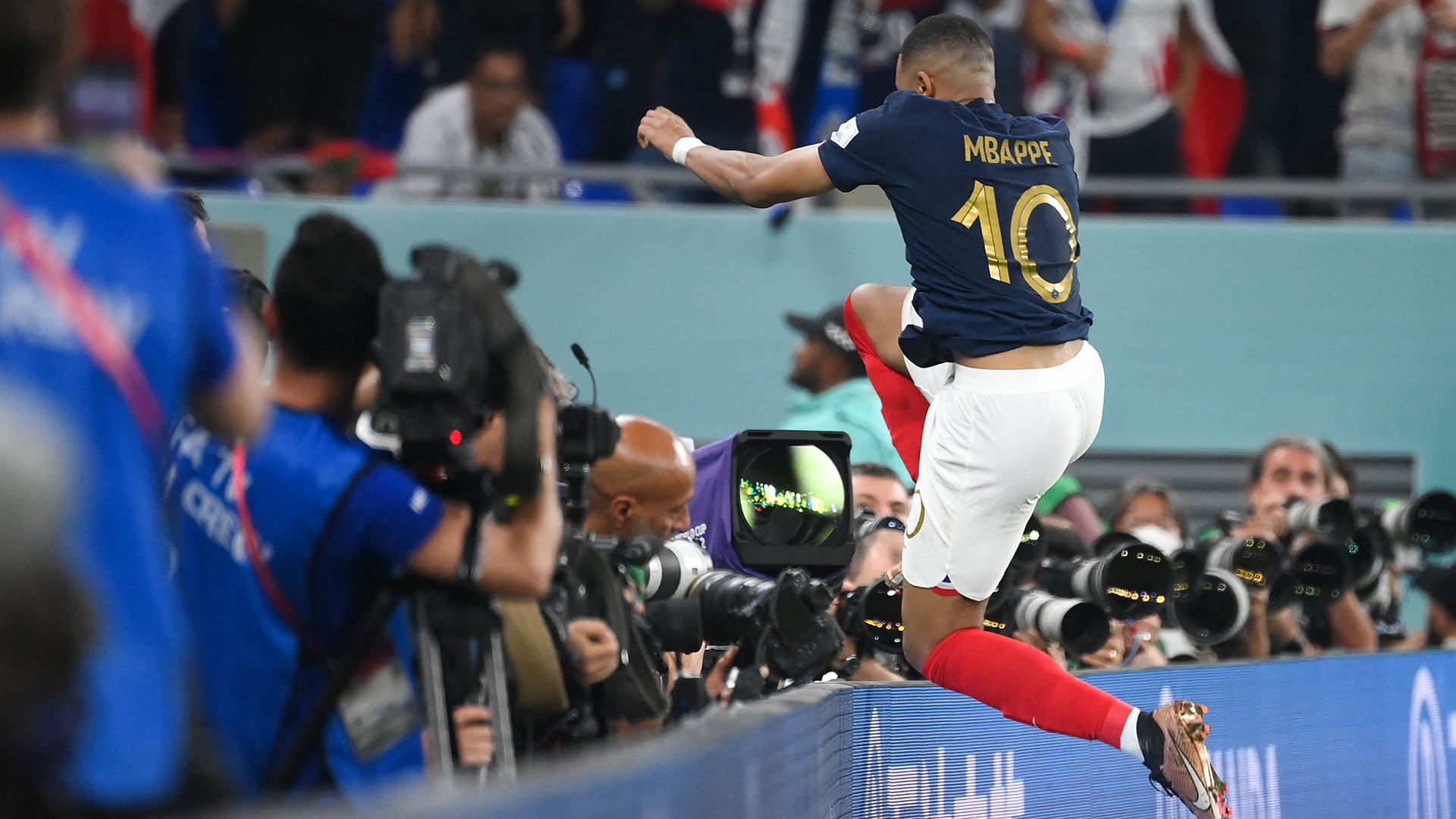 France's forward #10 Kylian Mbappe celebrates scoring his team's second goal during the Qatar 2022 World Cup Group D football match between France and Denmark at Stadium 974 in Doha on November 26, 2022.