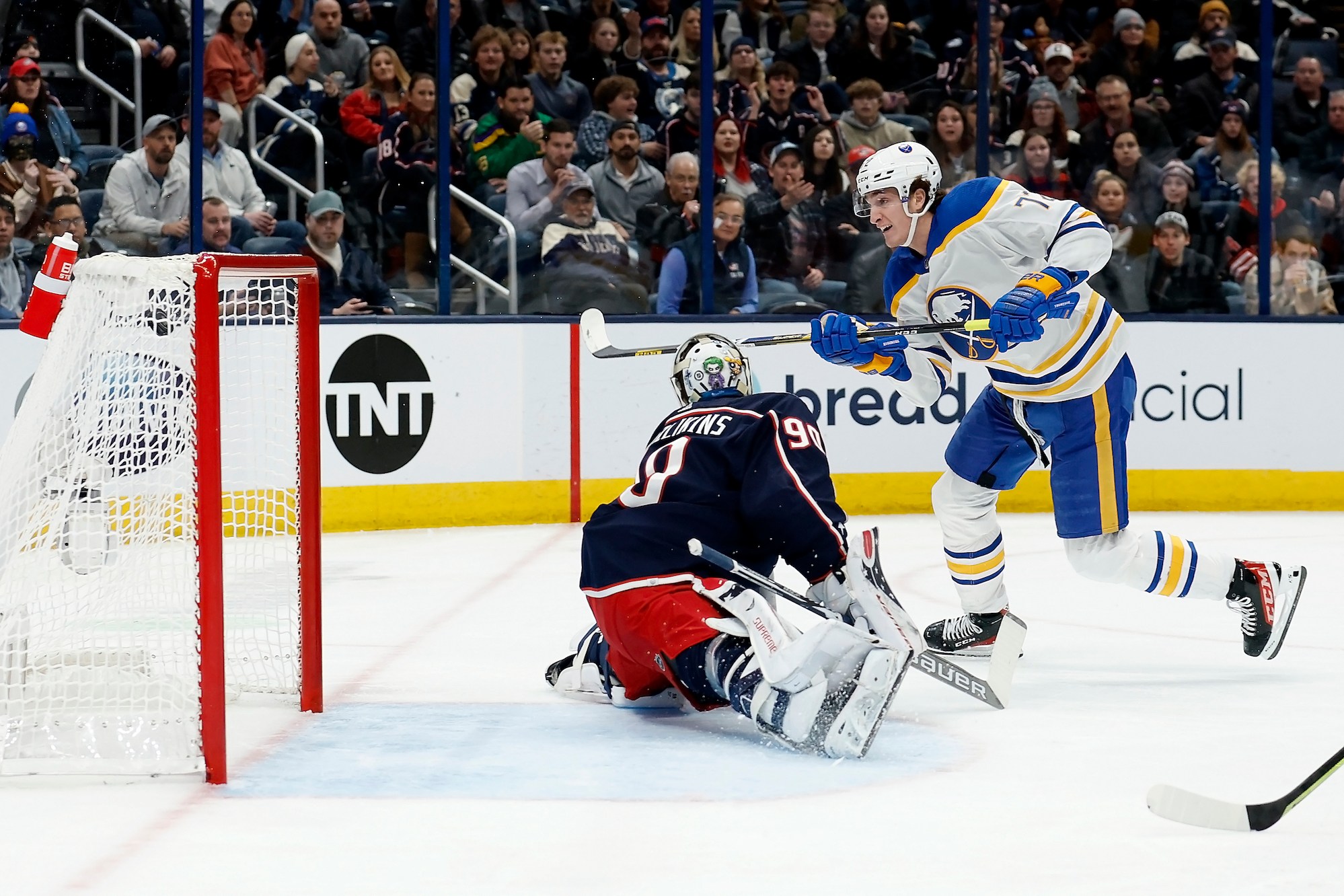 COLUMBUS, OH - DECEMBER 07: Tage Thompson #72 of the Buffalo Sabres beats Elvis Merzlikins #90 of the Columbus Blue Jackets for his first of four goals in the first period of the game at Nationwide Arena on December 7, 2022 in Columbus, Ohio. (Photo by Kirk Irwin/Getty Images)