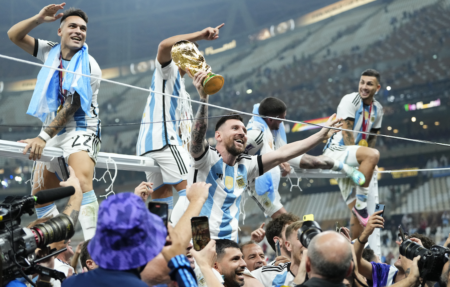 Lionel Messi right winger of Argentina and Paris Saint-Germain with the World Cup trophy after the FIFA World Cup Qatar 2022 Final match between Argentina and France at Lusail Stadium on December 18, 2022 in Lusail City, Qatar.