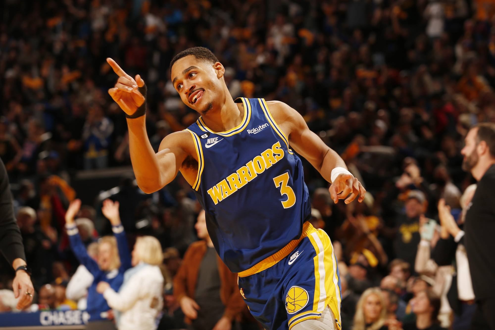 SAN FRANCISCO, CA - DECEMBER 28: Jordan Poole #3 of the Golden State Warriors celebrates during the game against the Utah Jazz on December 28, 2022 at Chase Center in San Francisco, California. NOTE TO USER: User expressly acknowledges and agrees that, by downloading and or using this photograph, user is consenting to the terms and conditions of Getty Images License Agreement. Mandatory Copyright Notice: Copyright 2022 NBAE (Photo by Jed Jacobsohn/NBAE via Getty Images)