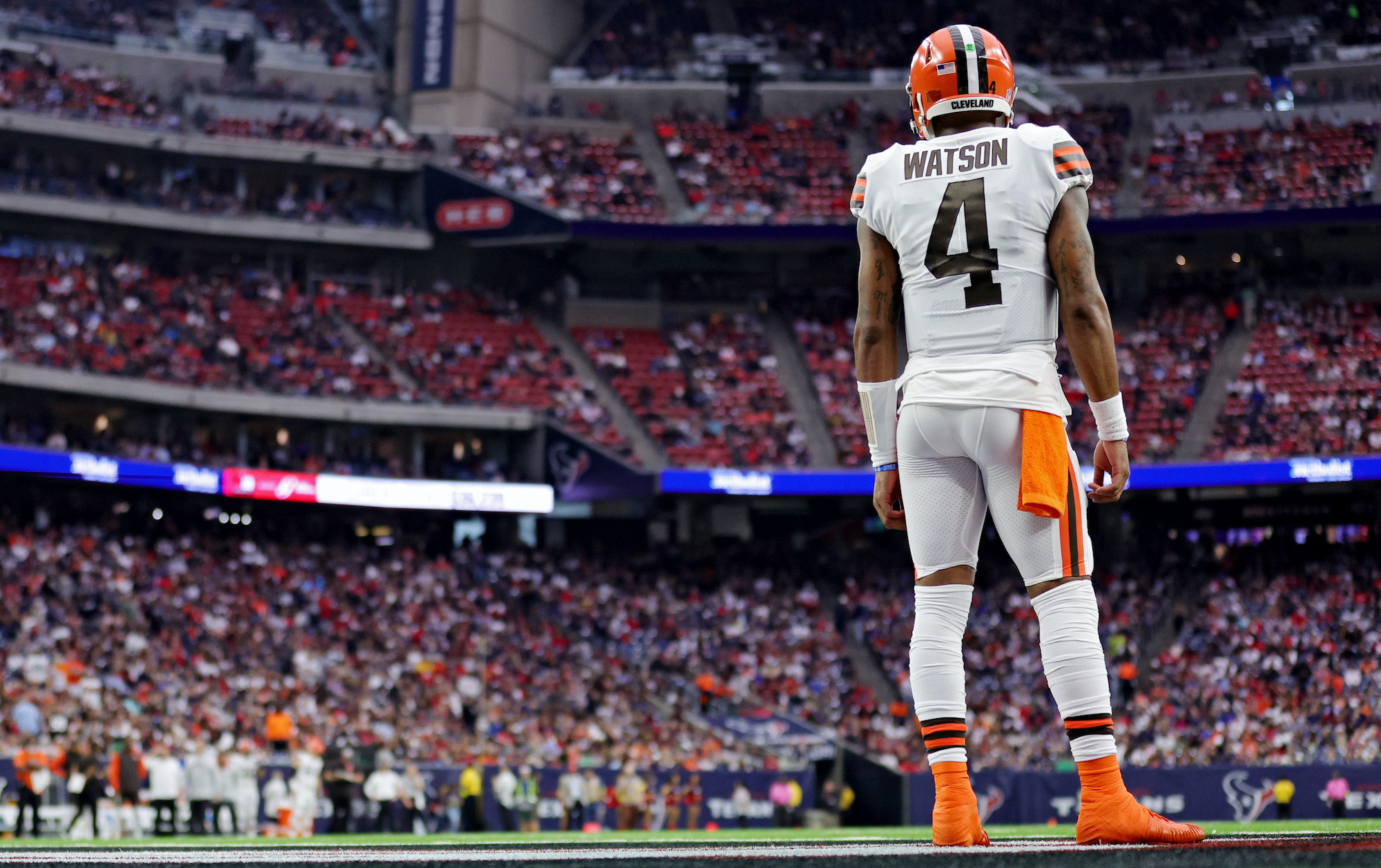 Deshaun Watson #4 of the Cleveland Browns looks onward from the sideline during the second quarter against the Houston Texans at NRG Stadium on December 04, 2022 in Houston, Texas.