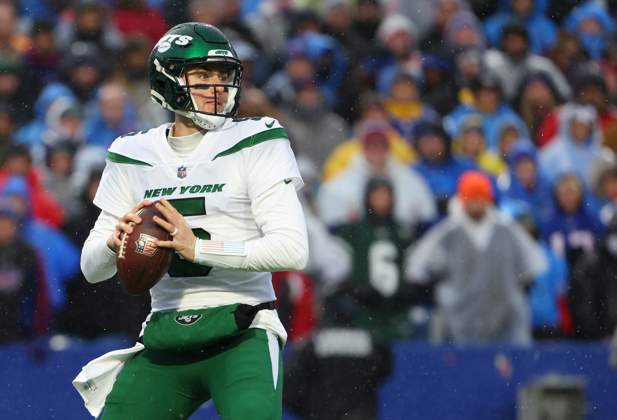 ORCHARD PARK, NY - DECEMBER 11: Mike White #5 of the New York Jets looks to throw a pass against the Buffalo Bills at Highmark Stadium on December 11, 2022 in Orchard Park, New York. (Photo by Timothy T Ludwig/Getty Images)