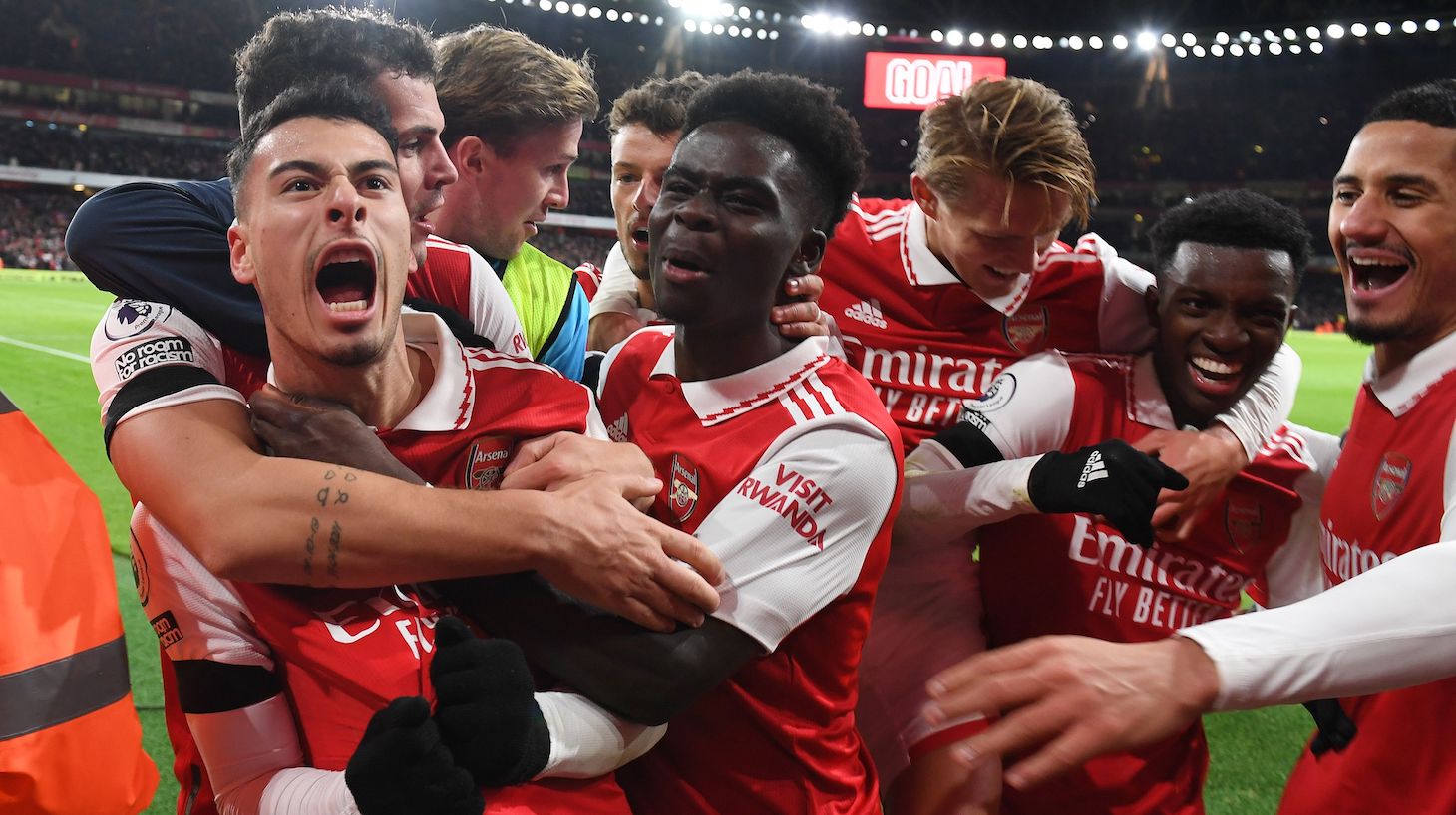 Gabriel Martinelli celebrates scoring the 2nd Arsenal goal with (L) Granit Xhaka, (R) William Saliba, (2ndR) Eddie Nketiah, (3rdL) Martin Odegaard and (3rdR) Bukayo Saka during the Premier League match between Arsenal FC and West Ham United at Emirates Stadium on December 26, 2022 in London, England.
