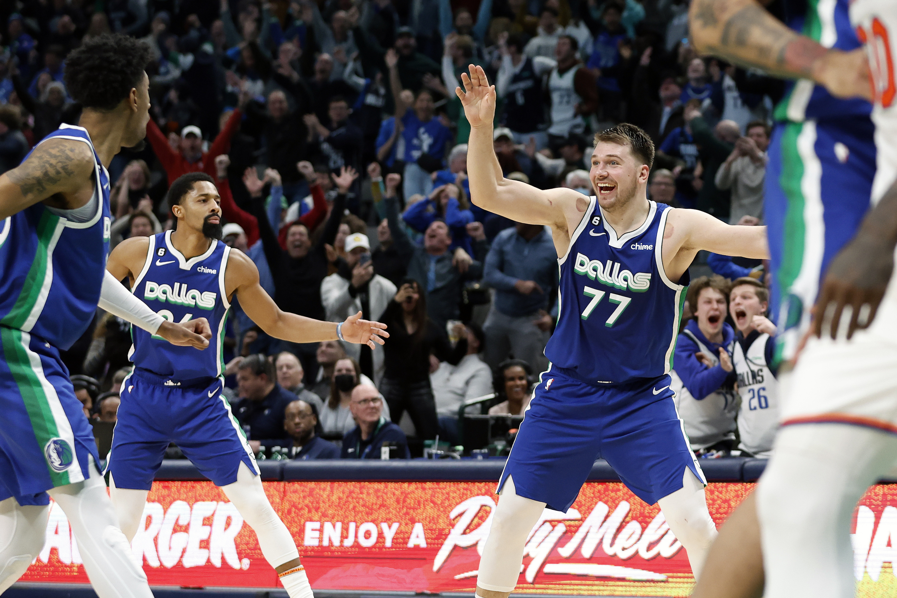 Luka Doncic #77 of the Dallas Mavericks reacts after making the game tying basket against the New York Knicks with one second left in regulation to send the game to overtime at American Airlines Center on December 27, 2022 in Dallas, Texas.