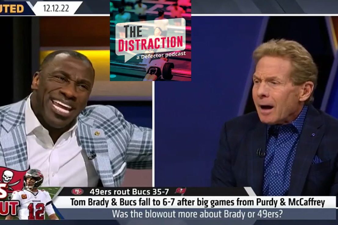 Shannon Sharpe, Skip Bayless, and The Distraction logo, not necessarily in that order.