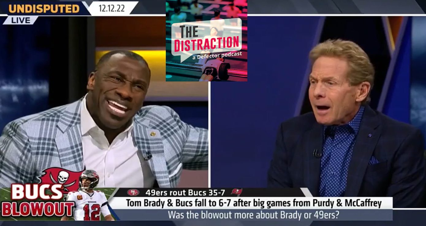 Shannon Sharpe, Skip Bayless, and The Distraction logo, not necessarily in that order.