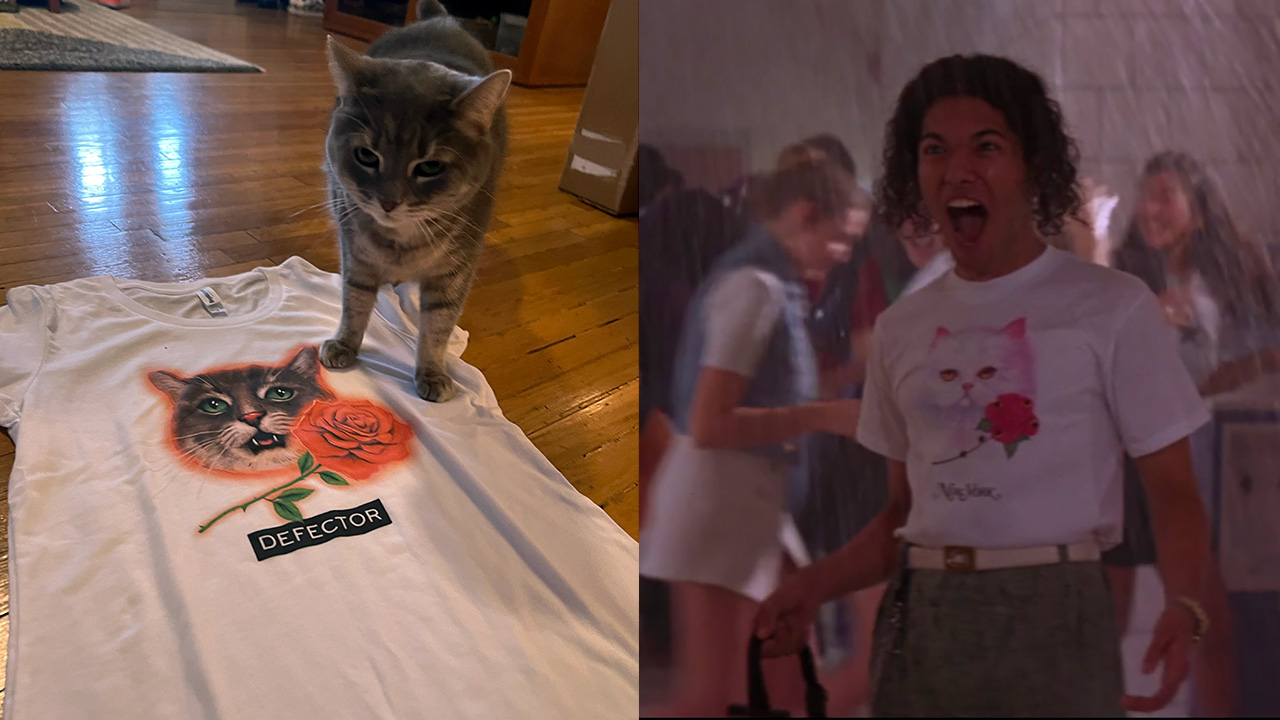 Split image: My cat on a t-shirt; next to the same shirt in the 1995 film Hackers (with a different cat)